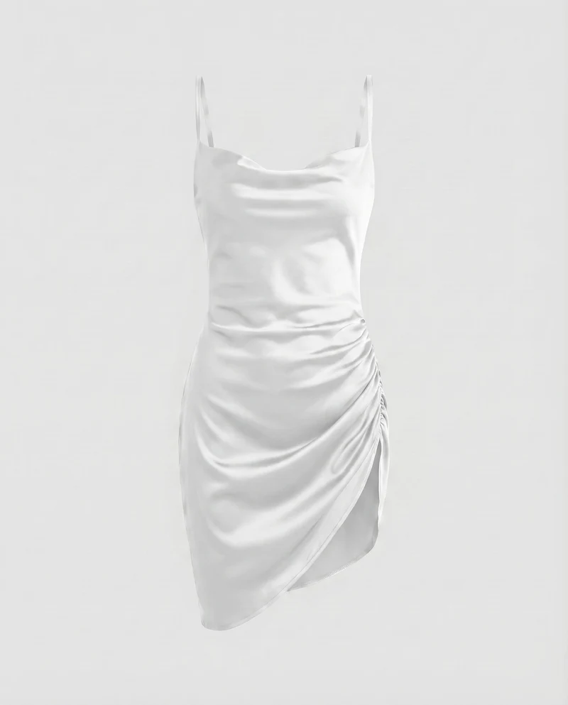 Damen Satin-Minikleid Herzausschnitt Raffung Doppelträger