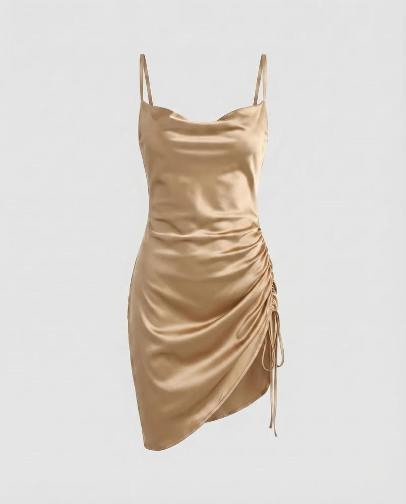 Damen Satin-Minikleid Herzausschnitt Raffung Doppelträger