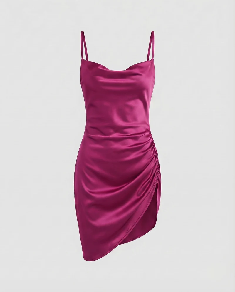Damen Satin-Minikleid Herzausschnitt Raffung Doppelträger