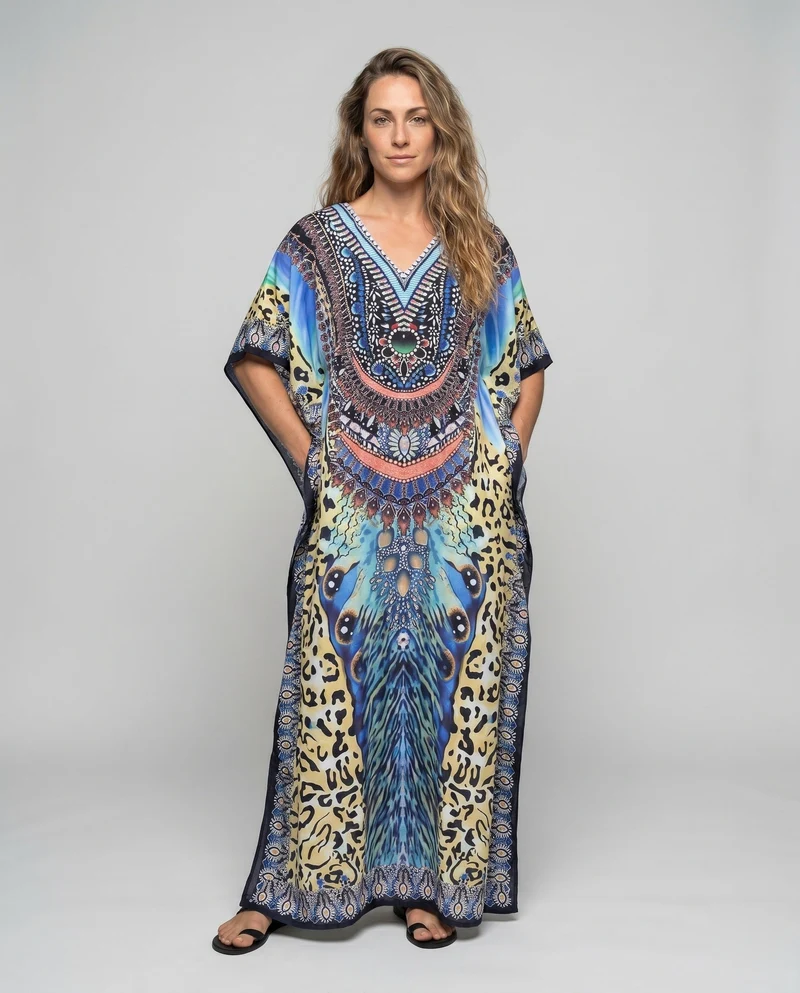 Damen Kaftan mit exotischem Tierdruck und auffälliger Stickerei