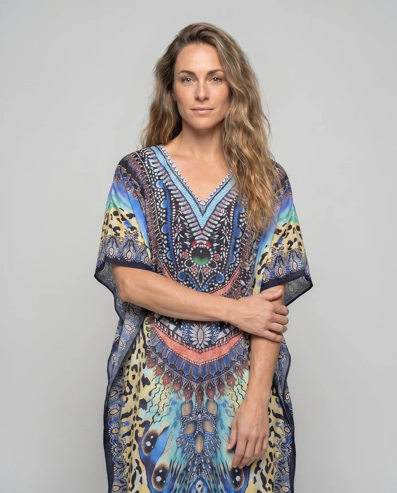 Damen Kaftan mit exotischem Tierdruck und auffälliger Stickerei