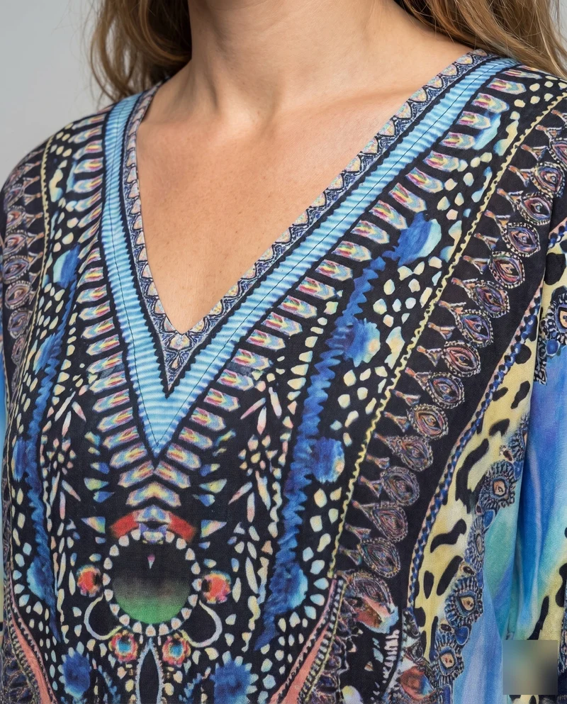 Damen Kaftan mit exotischem Tierdruck und auffälliger Stickerei