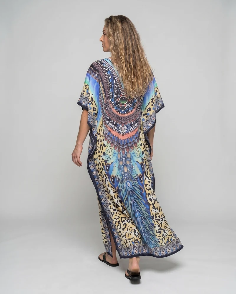 Damen Kaftan mit exotischem Tierdruck und auffälliger Stickerei
