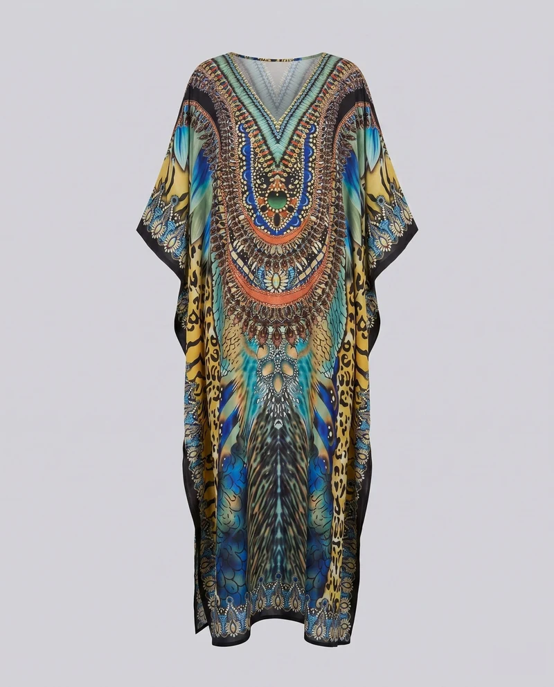 Damen Kaftan mit exotischem Tierdruck und auffälliger Stickerei