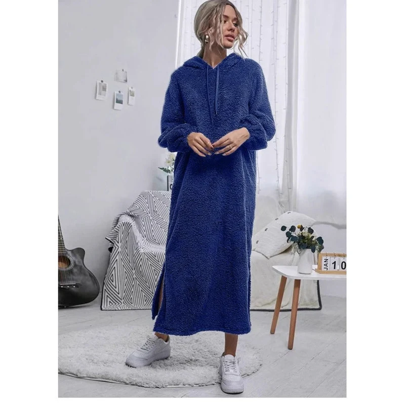 Damen Flauschiger Fleece-Hoodie-Kleid mit Ohren und seitlichen Schlitzen Nord Taschen