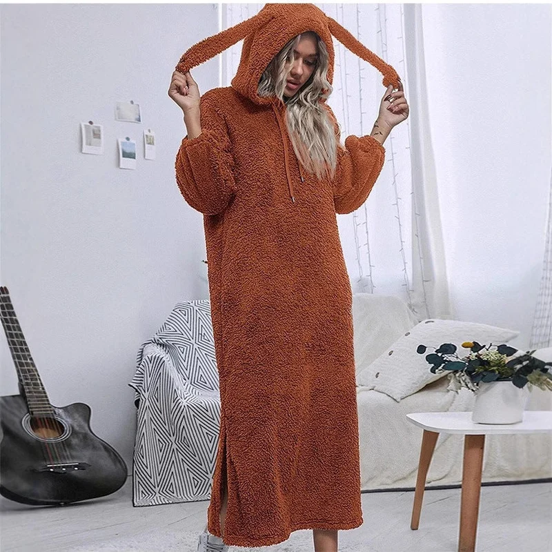 Damen Flauschiger Fleece-Hoodie-Kleid mit Ohren und seitlichen Schlitzen Nord Taschen