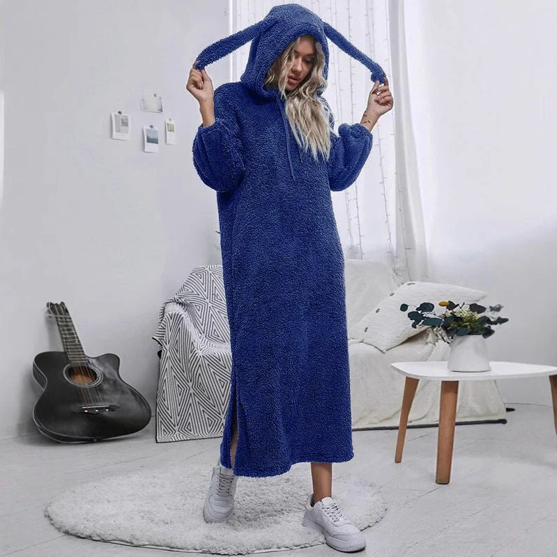 Damen Flauschiger Fleece-Hoodie-Kleid mit Ohren und seitlichen Schlitzen Nord Taschen
