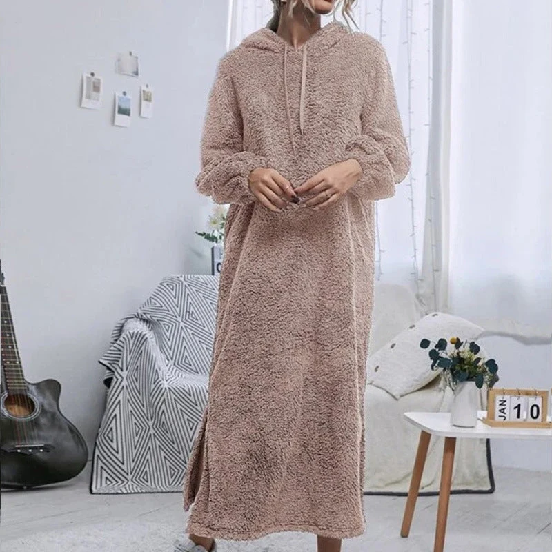 Damen Flauschiger Fleece-Hoodie-Kleid mit Ohren und seitlichen Schlitzen Nord Taschen