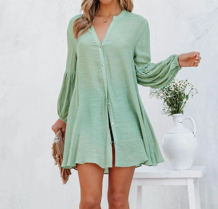 Damen Lässige Bluse mit Ballonärmeln und durchgehender Knopfleiste