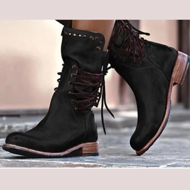 Damen Lederstiefel mit Schnürung und Nieten