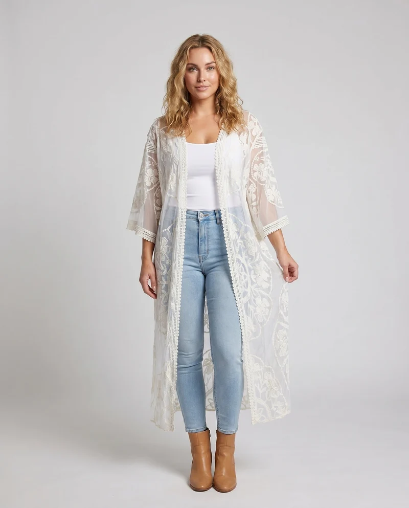 Damen feiner Spitzenkimono mit floralen Motiven Nord Taschen