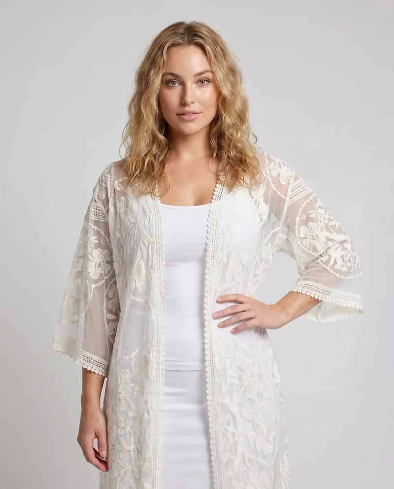 Damen feiner Spitzenkimono mit floralen Motiven Nord Taschen