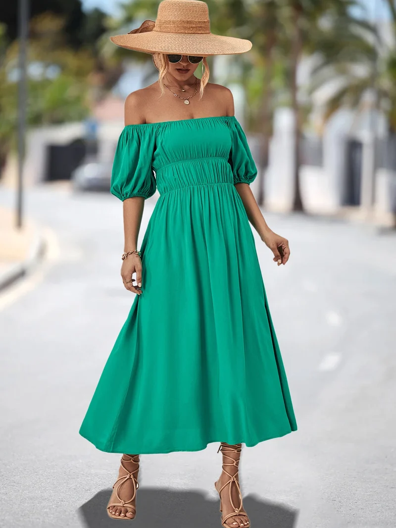 Damen Off-Shoulder Maxikleid mit voluminösen Puffärmeln und elastischem Taillenband