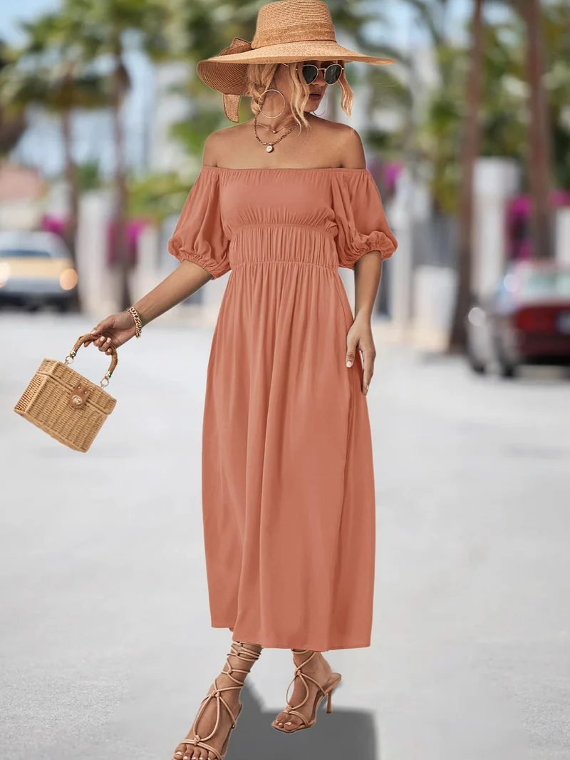 Damen Off-Shoulder Maxikleid mit voluminösen Puffärmeln und elastischem Taillenband
