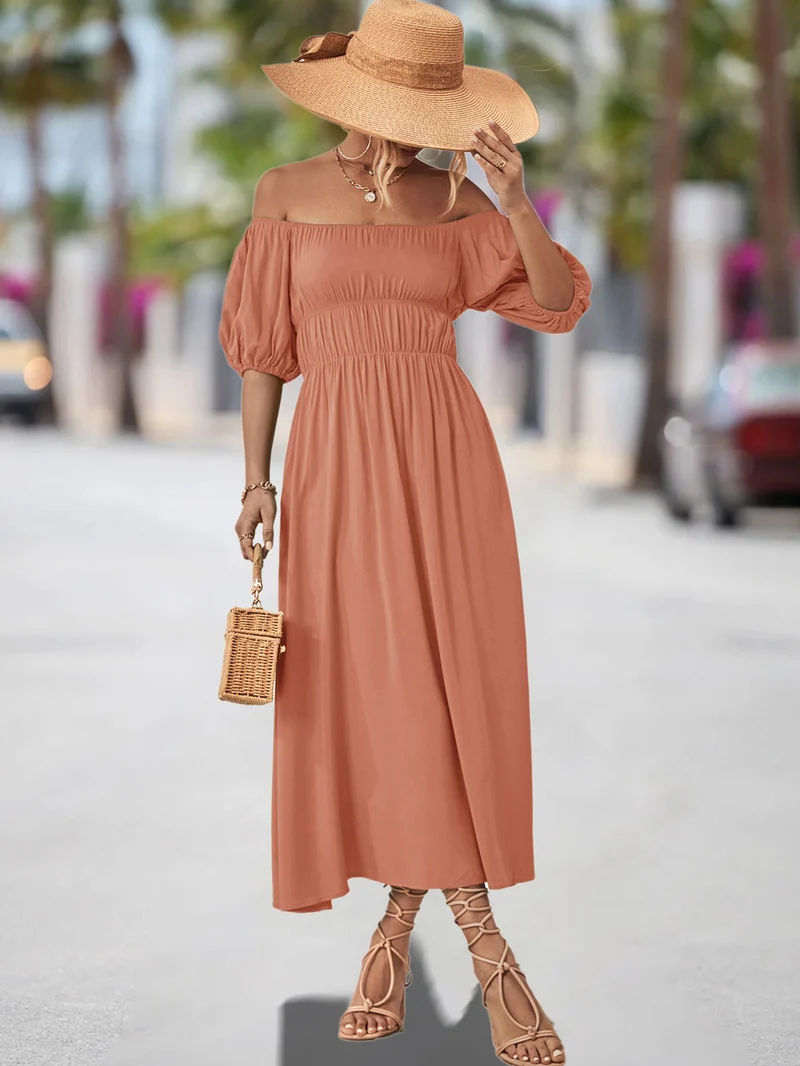 Damen Off-Shoulder Maxikleid mit voluminösen Puffärmeln und elastischem Taillenband