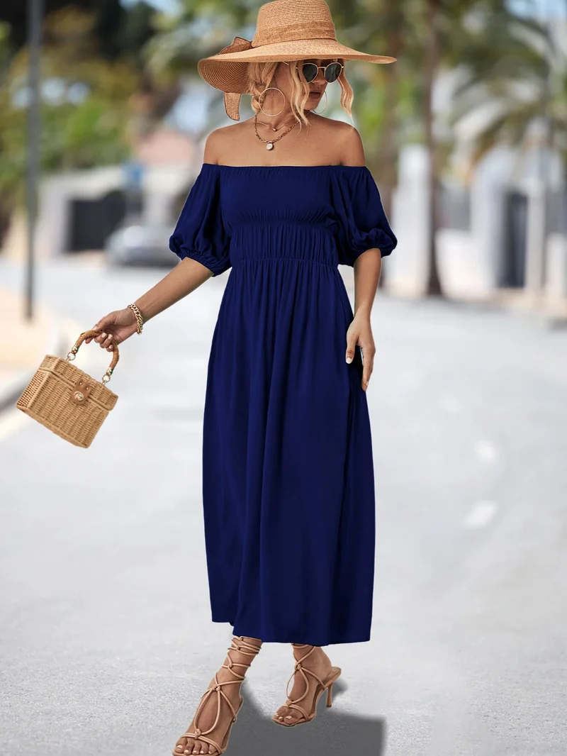 Damen Off-Shoulder Maxikleid mit voluminösen Puffärmeln und elastischem Taillenband