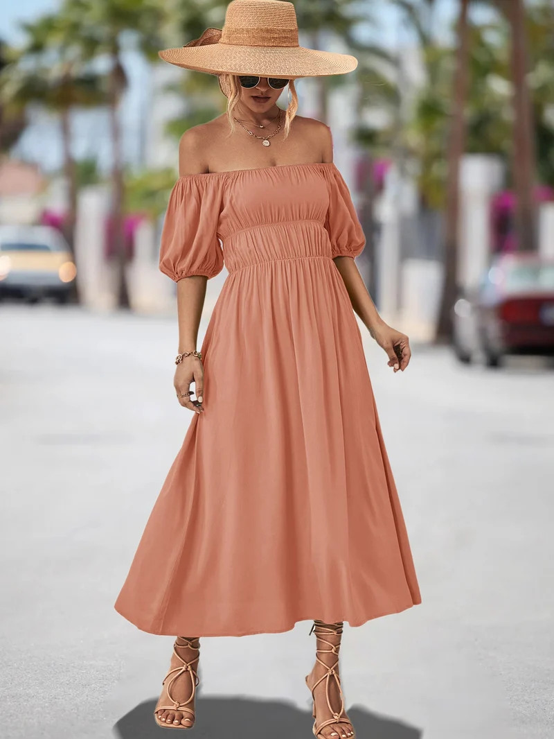 Damen Off-Shoulder Maxikleid mit voluminösen Puffärmeln und elastischem Taillenband