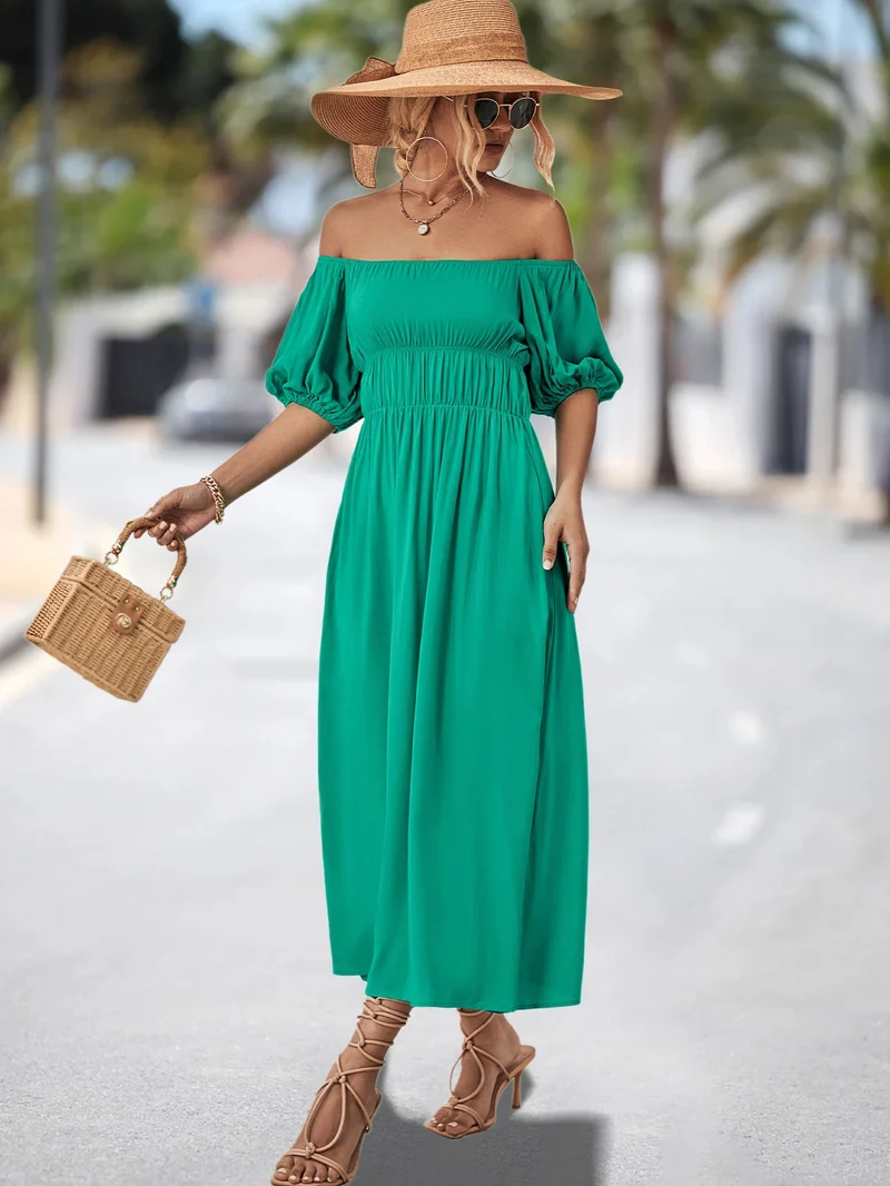 Damen Off-Shoulder Maxikleid mit voluminösen Puffärmeln und elastischem Taillenband
