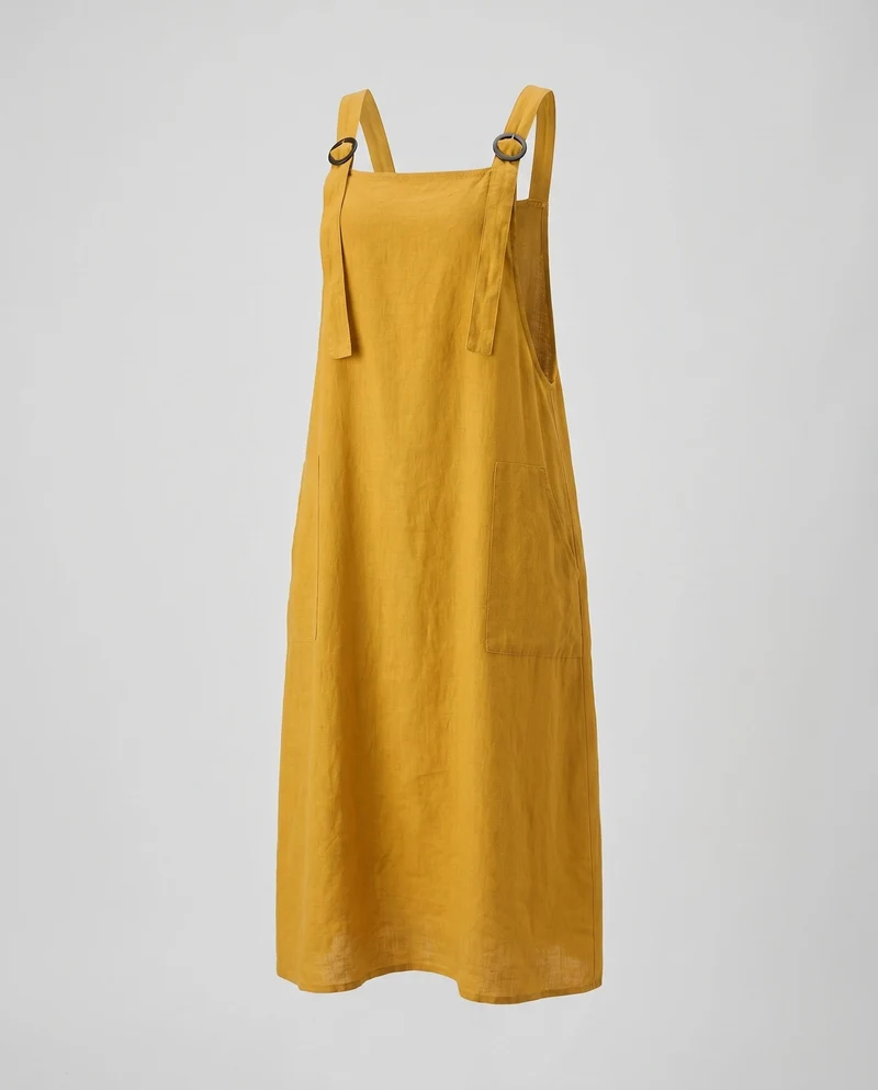 Damen Leinen-Latzkleid mit praktischen Taschen und verstellbaren Trägern