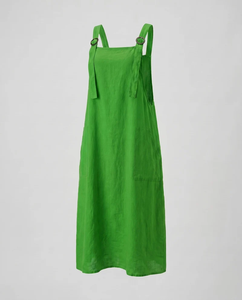 Damen Leinen-Latzkleid mit praktischen Taschen und verstellbaren Trägern