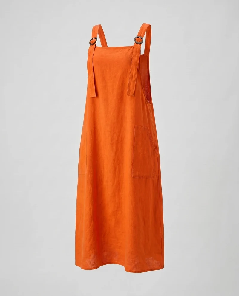 Damen Leinen-Latzkleid mit praktischen Taschen und verstellbaren Trägern