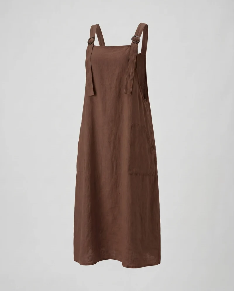 Damen Leinen-Latzkleid mit praktischen Taschen und verstellbaren Trägern