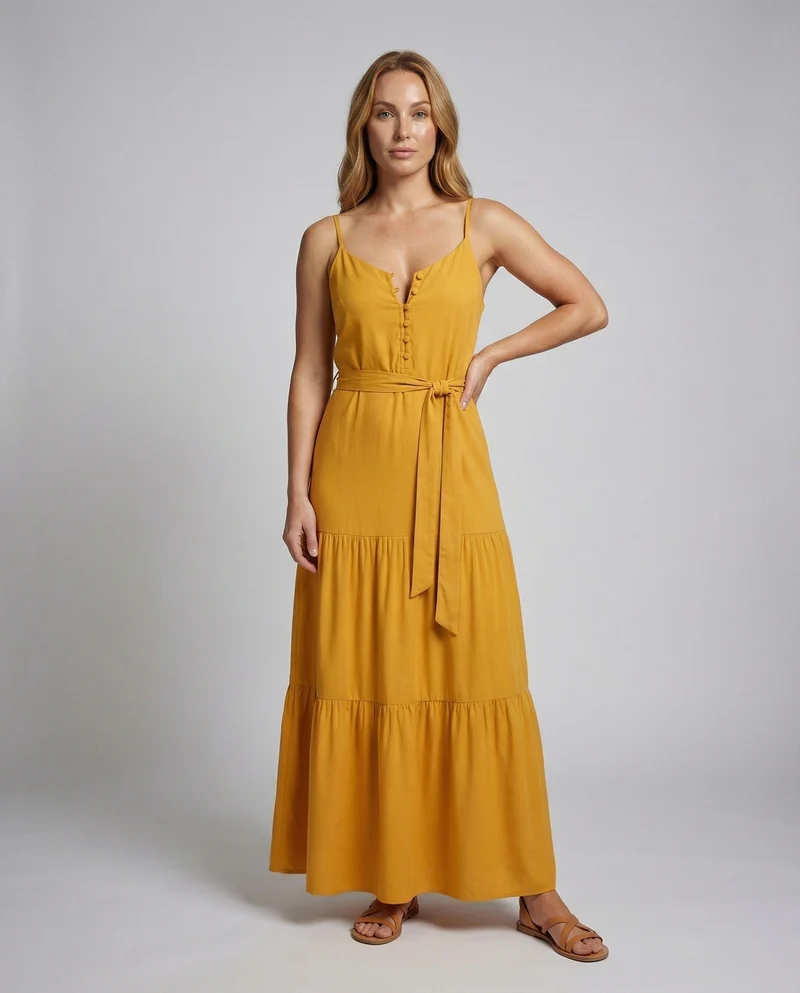 Damen nan bodenlanges Sommermaxikleid mit verstellbaren Spaghettiträgern V-Ausschnitt und taillierendem Bindegürtel Nord Taschen