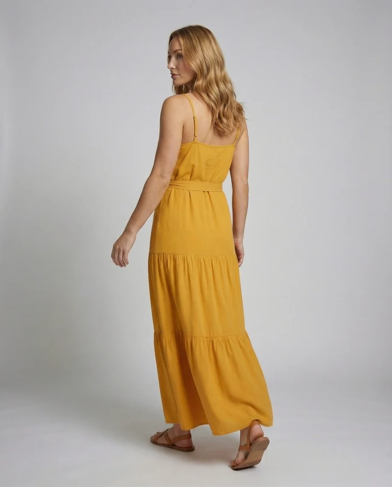 Damen nan bodenlanges Sommermaxikleid mit verstellbaren Spaghettiträgern V-Ausschnitt und taillierendem Bindegürtel Nord Taschen