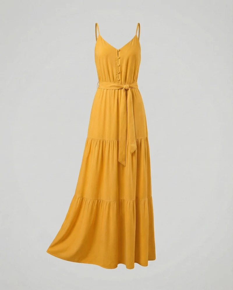 Damen nan bodenlanges Sommermaxikleid mit verstellbaren Spaghettiträgern V-Ausschnitt und taillierendem Bindegürtel Nord Taschen