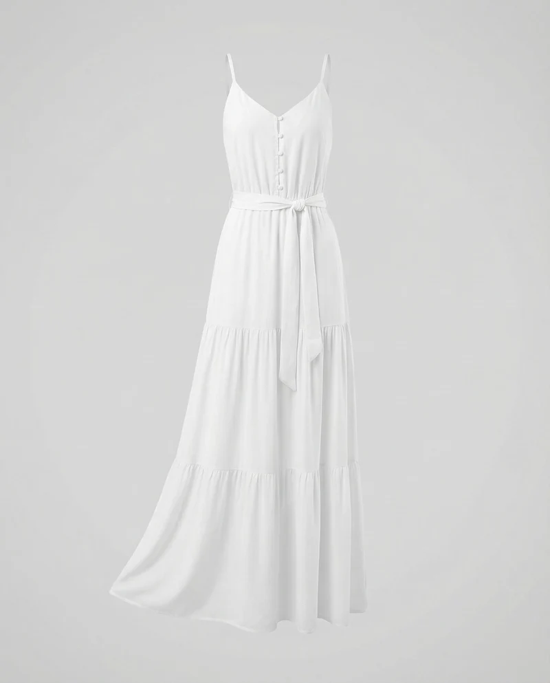 Damen nan bodenlanges Sommermaxikleid mit verstellbaren Spaghettiträgern V-Ausschnitt und taillierendem Bindegürtel Nord Taschen