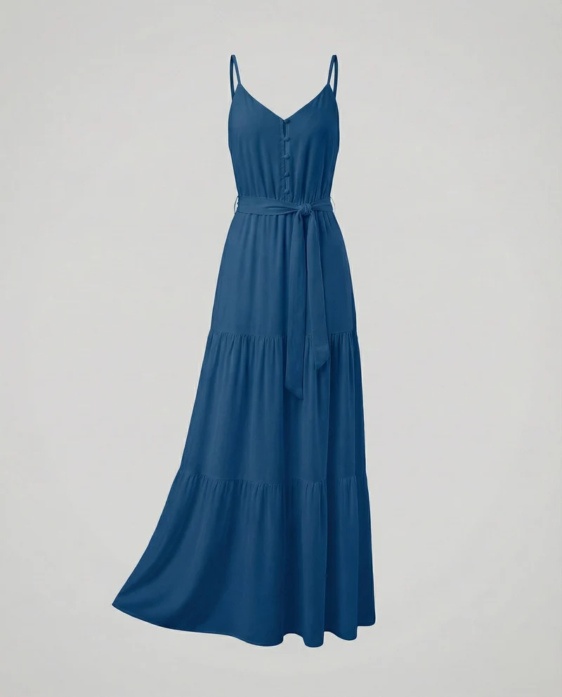 Damen nan bodenlanges Sommermaxikleid mit verstellbaren Spaghettiträgern V-Ausschnitt und taillierendem Bindegürtel Nord Taschen