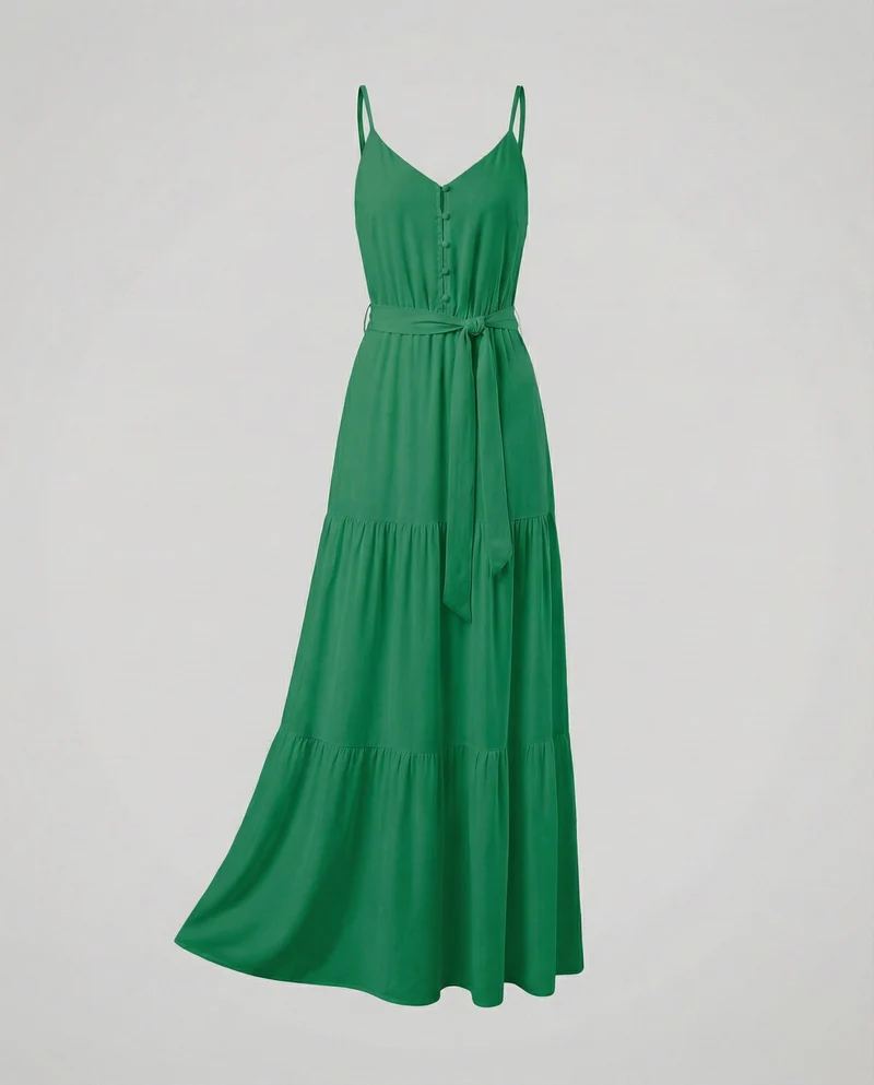 Damen nan bodenlanges Sommermaxikleid mit verstellbaren Spaghettiträgern V-Ausschnitt und taillierendem Bindegürtel Nord Taschen