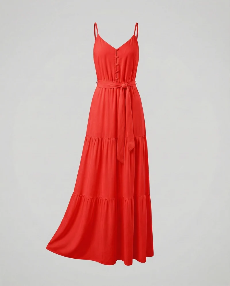 Damen nan bodenlanges Sommermaxikleid mit verstellbaren Spaghettiträgern V-Ausschnitt und taillierendem Bindegürtel Nord Taschen