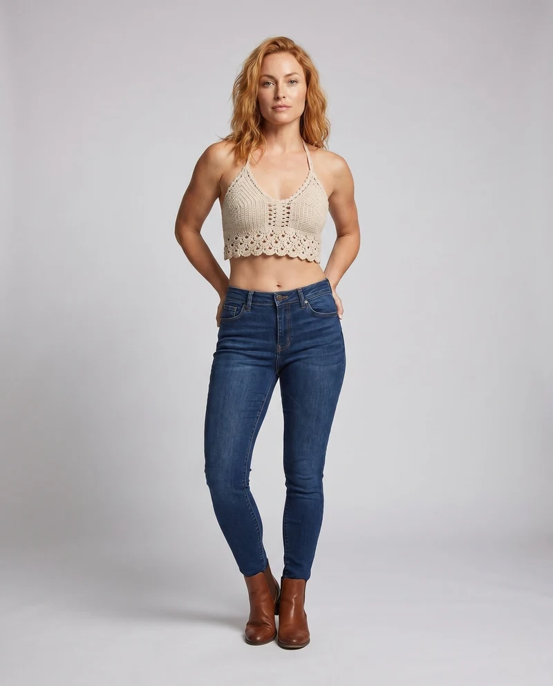 Damen Häkel-Crop-Top mit verstellbarem Rückenteil und zarten Rüschen Nord Taschen