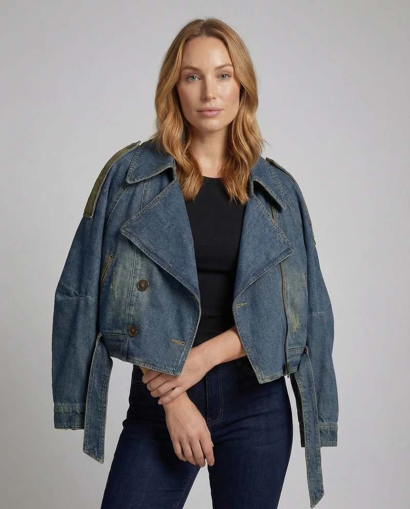 Damen Oversize-Denimjacke Verkürzt Revers Gürtel