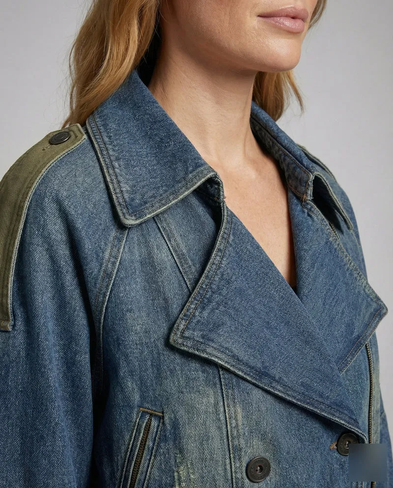 Damen Oversize-Denimjacke Verkürzt Revers Gürtel