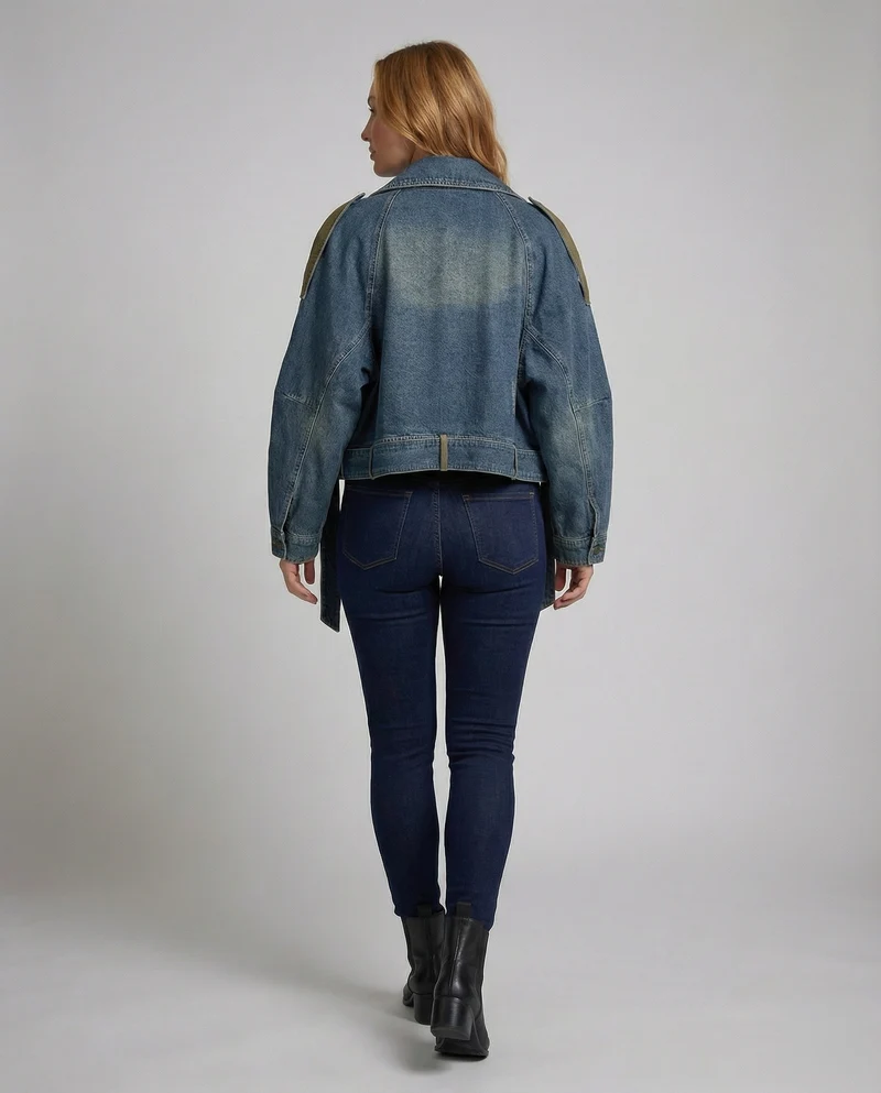 Damen Oversize-Denimjacke Verkürzt Revers Gürtel