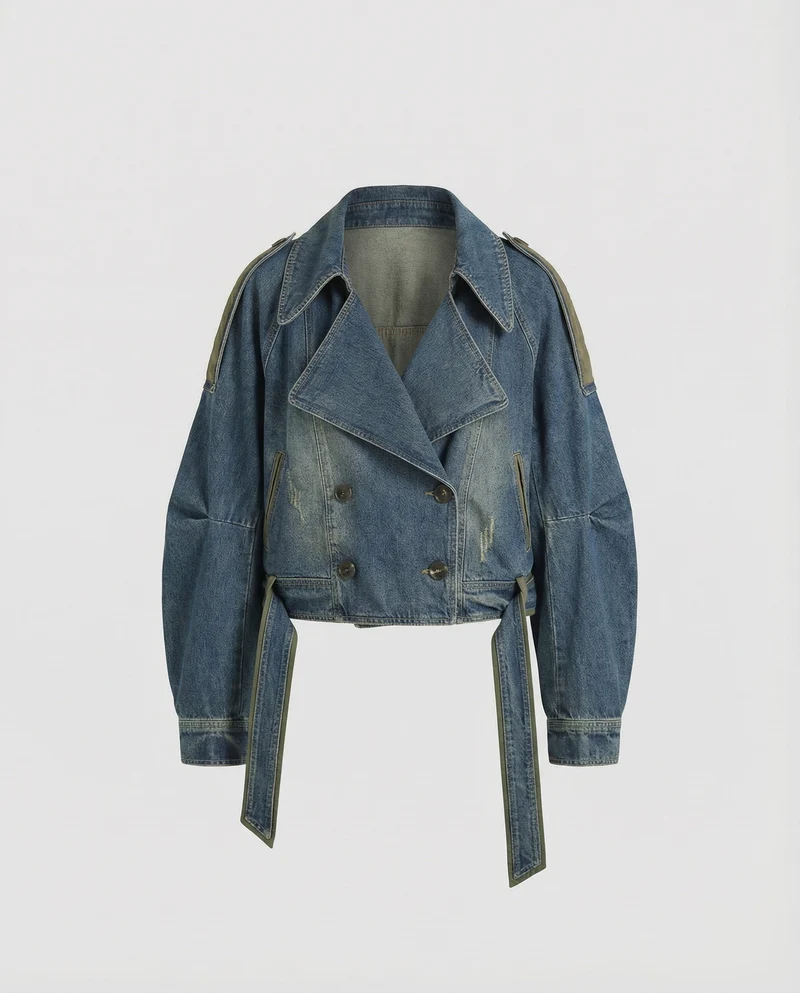 Damen Oversize-Denimjacke Verkürzt Revers Gürtel