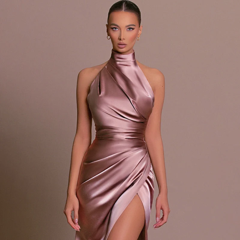 Damen glamouröses Abendkleid mit hohem Schlitz und eleganter Wickeloptik