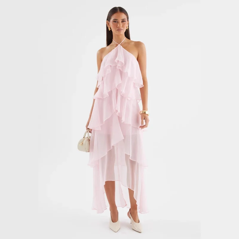 Damen Chiffon Maxikleid mit mehrschichtigen Rüschendetails Nord Taschen