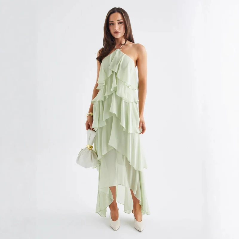 Damen Chiffon Maxikleid mit mehrschichtigen Rüschendetails Nord Taschen