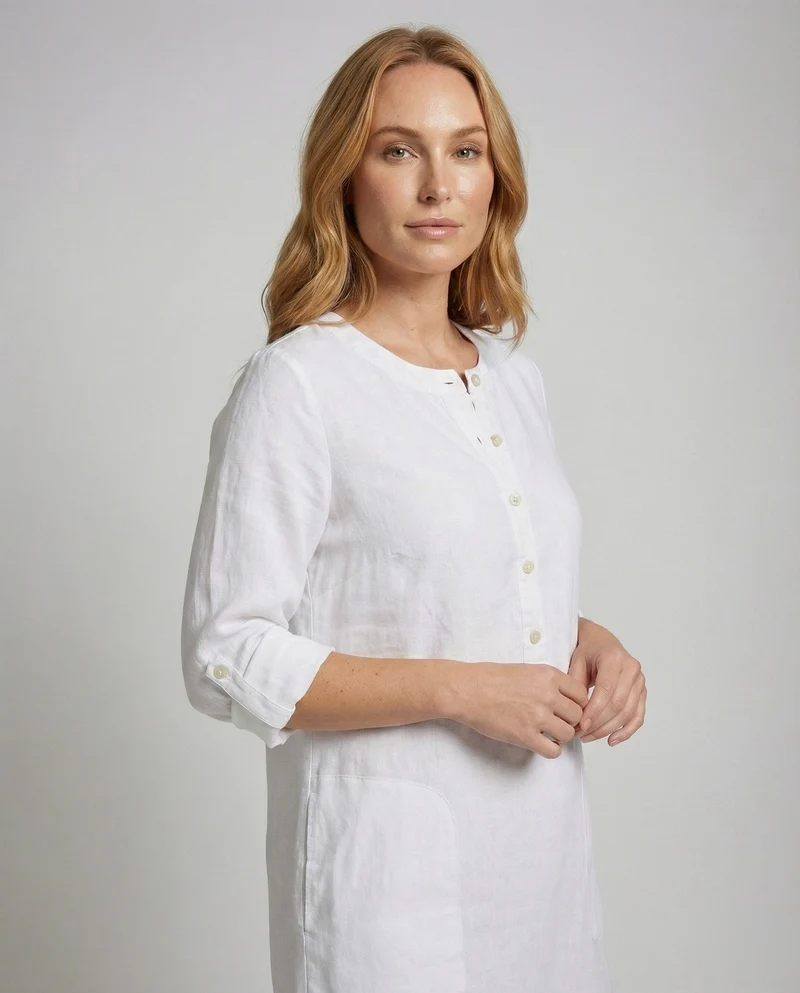 Damen legeres Leinenkleid mit aufgesetzten Taschen