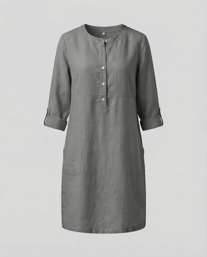 Damen legeres Leinenkleid mit aufgesetzten Taschen
