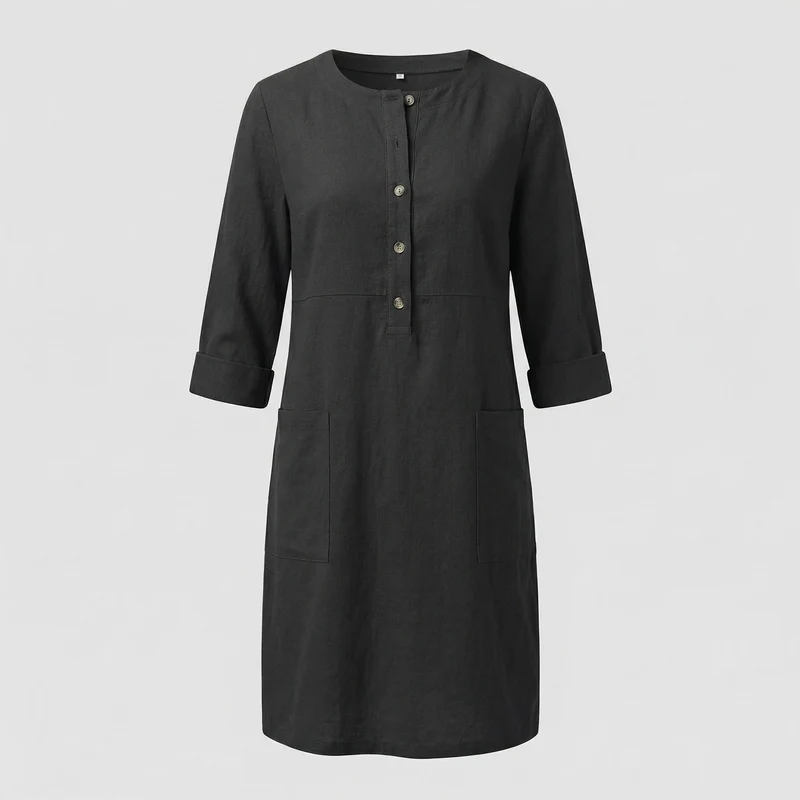 Damen legeres Leinenkleid mit aufgesetzten Taschen