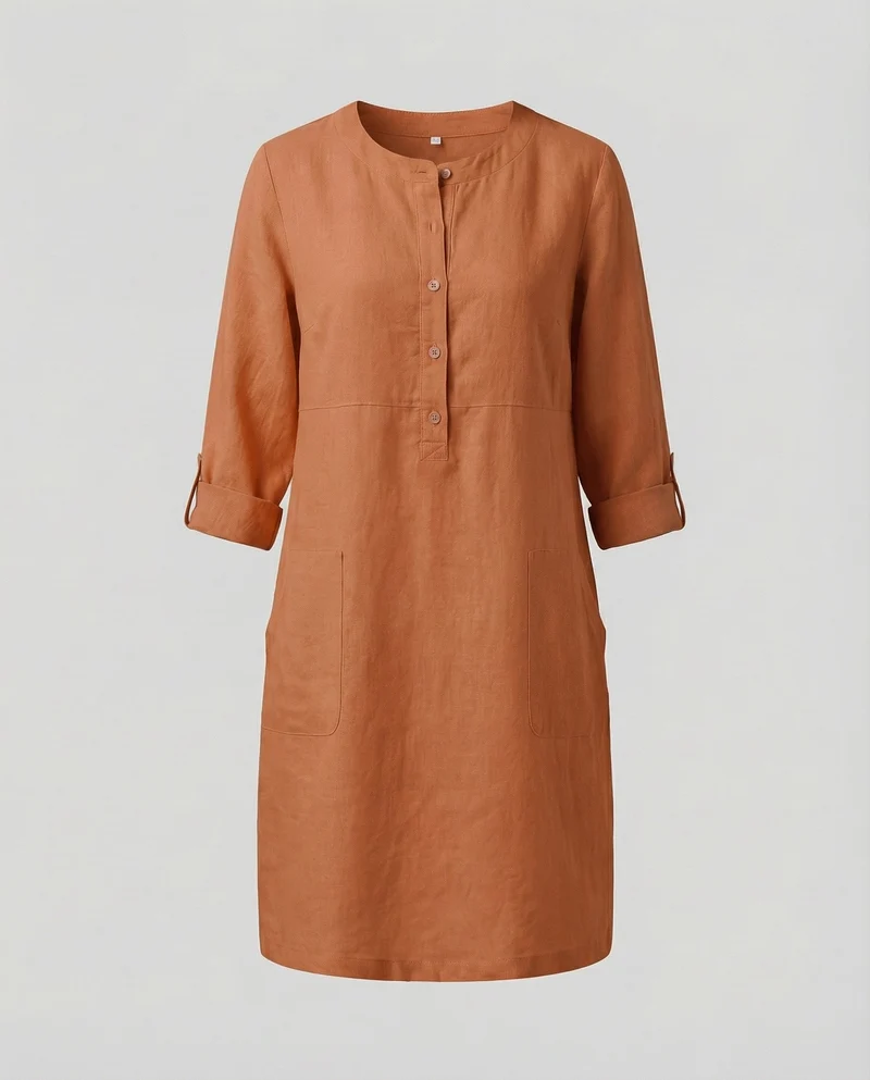 Damen legeres Leinenkleid mit aufgesetzten Taschen