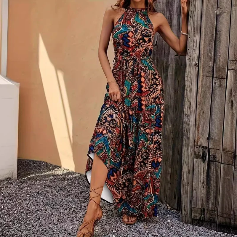 Nord Taschen | Bedrucktes böhmisches Kleid mit Vintage-Ausschnitt