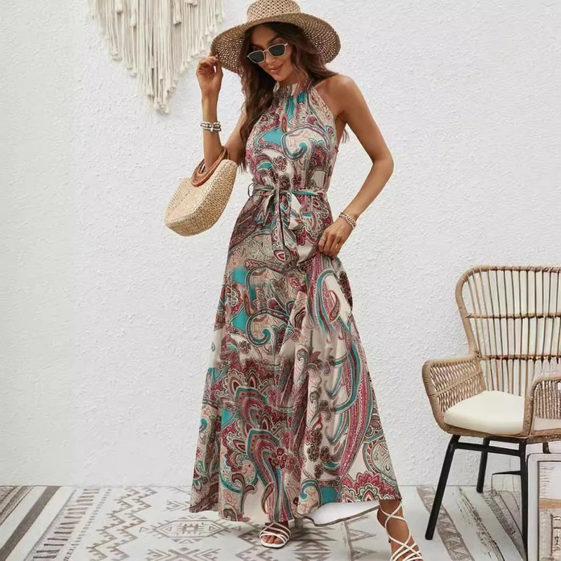 Nord Taschen | Bedrucktes böhmisches Kleid mit Vintage-Ausschnitt