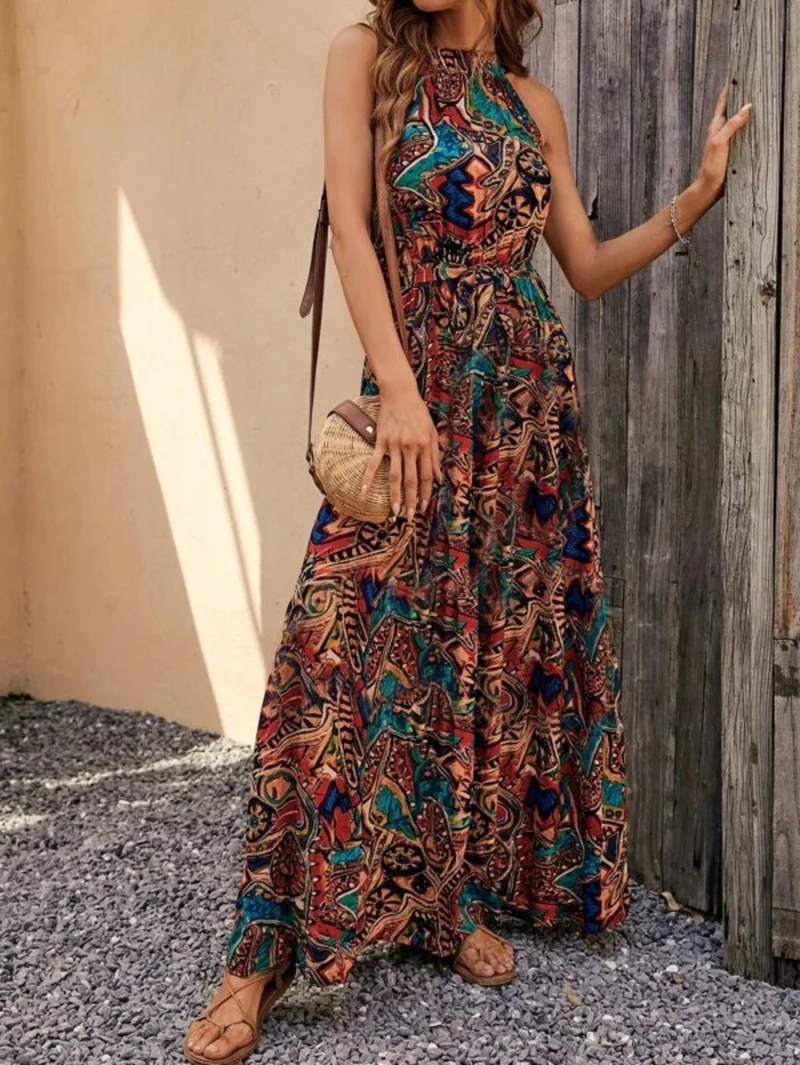 Nord Taschen | Bedrucktes böhmisches Kleid mit Vintage-Ausschnitt