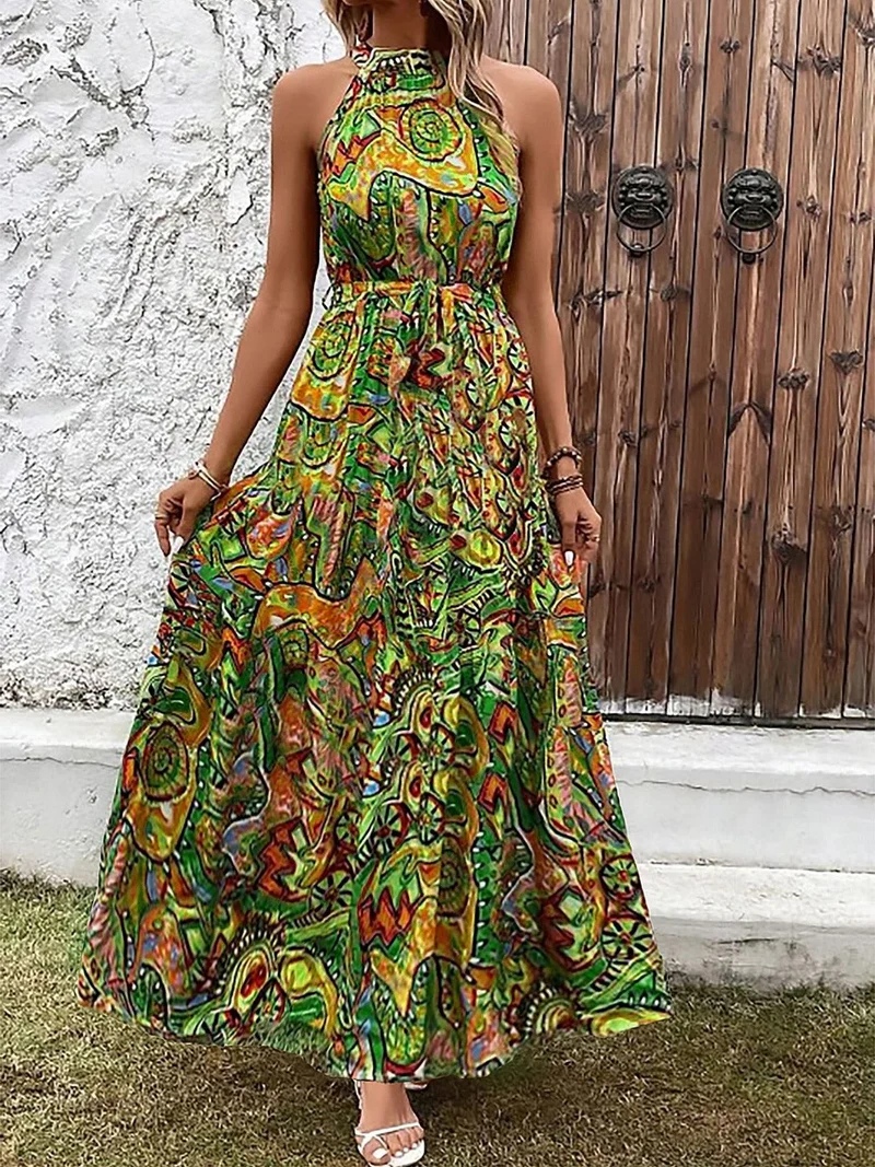 Nord Taschen | Bedrucktes böhmisches Kleid mit Vintage-Ausschnitt