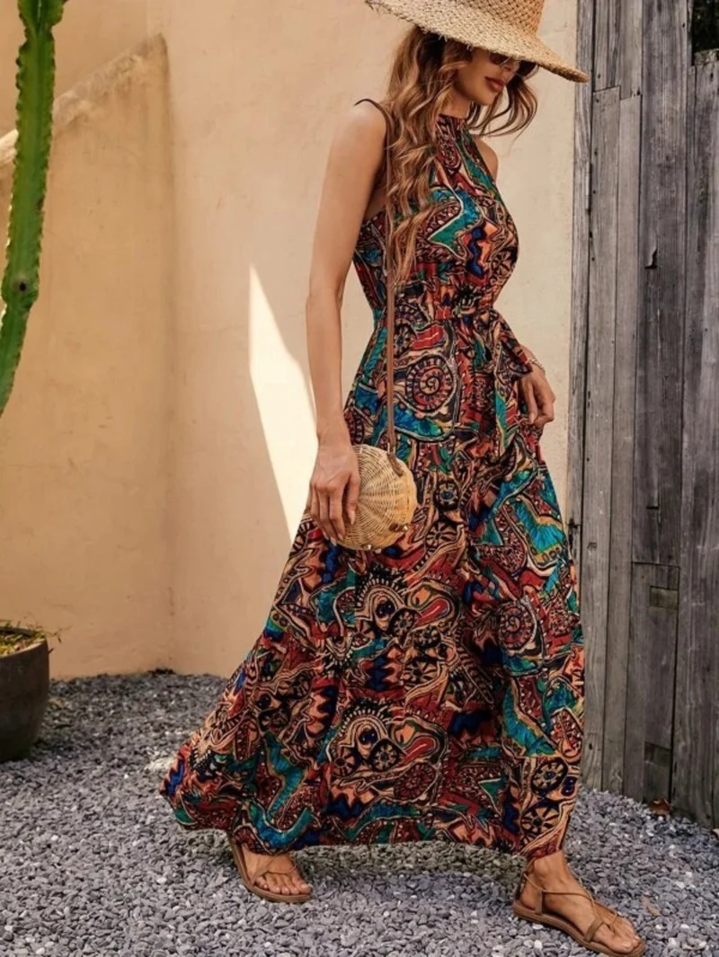 Nord Taschen | Bedrucktes böhmisches Kleid mit Vintage-Ausschnitt